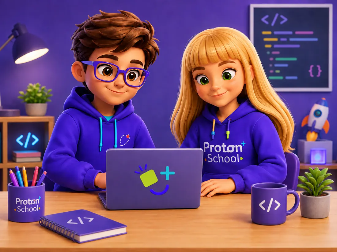 Dy fëmijë duke koduar bashkë në një laptop në Proton School