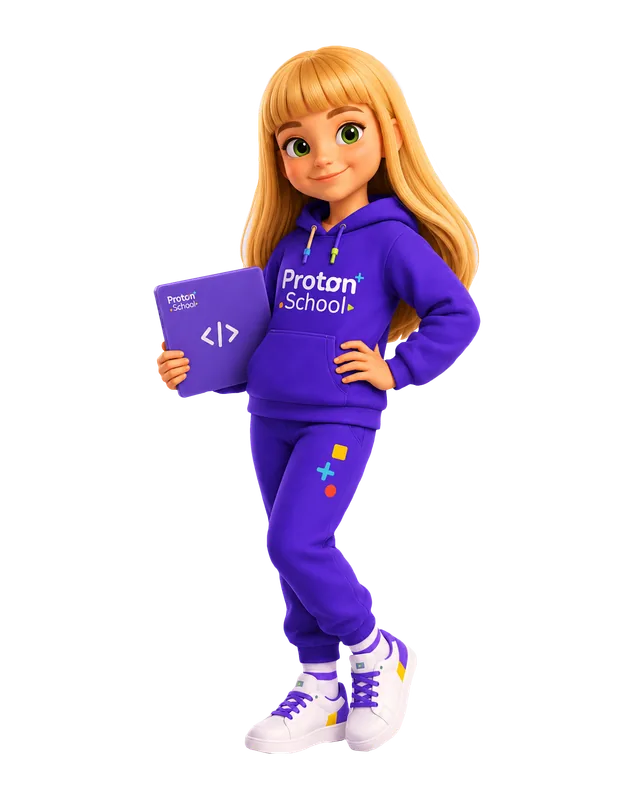 Maskota e Proton School, një vajzë me tabletin e Proton School